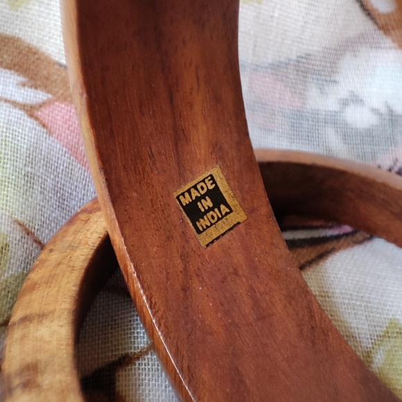 Bohemian Boho Set of 3 Wood Wooden Bangle Bracelets Made in India Chain Accent - Picture 5 of 8